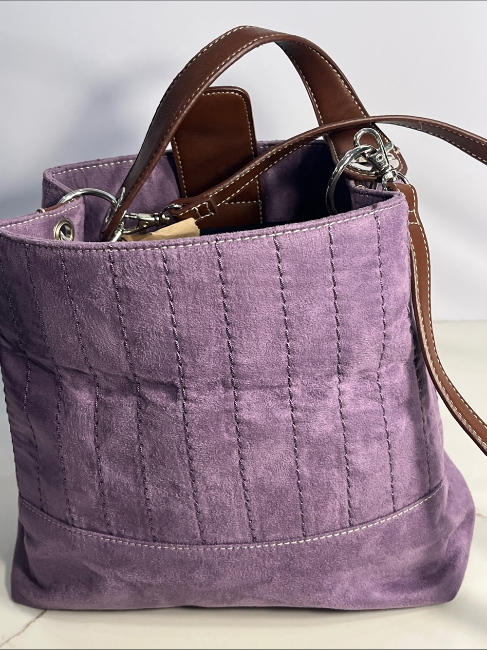 Tommy Hilfiger Lavender Suede Quilted Tote with Brown Faux Leather Straps NWOT